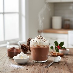 Festive Winter Drink Scene with Cocoa, Marshmallows, and Cinnamon Sticks 