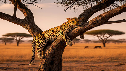 Leopard Relaxing on Acacia Tree Branch in African Savanna Sunset