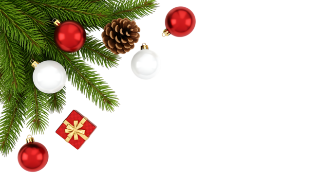 Christmas Tree Branch With Ornaments And Gift On Black Background