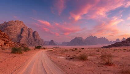 A dramatic desert landscape at sunset, featuring a winding dirt road leading through a vast expanse of reddish-orange sand and rocky mountains, bathed in a beautiful mix of pink and purple hues.