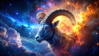 Aries Zodiac Sign in a Cosmic Nebula Background.