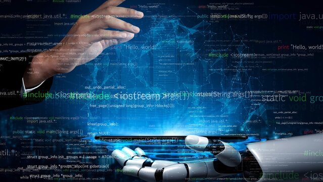 A striking image showcasing the interaction between a human hand and a robotic hand, surrounded by digital code and data visualization, representing advanced technology and innovation. Xenic