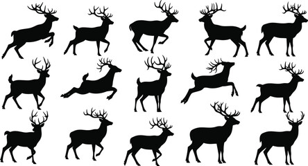Deer silhouette pack, black vector animals, antlered wildlife poses, running and standing deer, nature illustration, forest creature design, dynamic motion icons