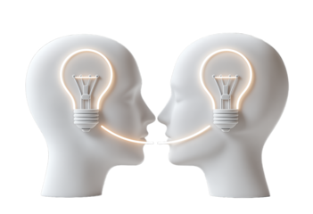 Two Minds Sharing Ideas Through Illuminated Lightbulbs