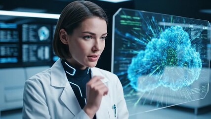 Pensive scientist analyzing digital cloud data on transparent display - Powered by Adobe