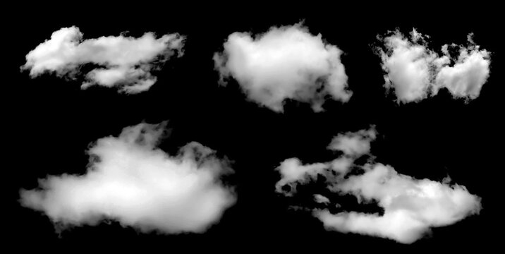 Collection of realistic white clouds isolated on black background, soft and fluffy texture ideal for sky design, weather illustration, or digital compositing artwork.