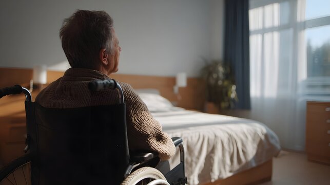 Elderly person in wheelchair in a sunlit bedroom gazing out the window