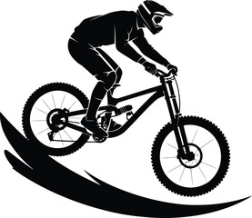Fototapeta premium Silhouette of a downhill mountain biker riding a bicycle