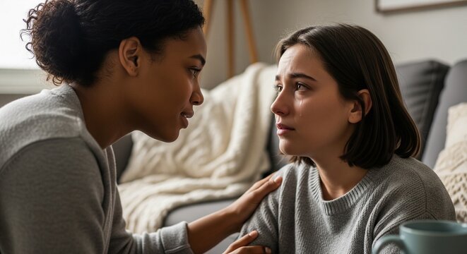 Empathy and Comfort: A supportive companion offers solace and understanding to a friend in distress, embodying the power of human connection and emotional support.