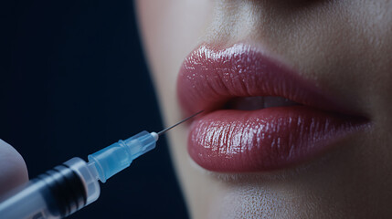 Lip augmentation depicted closely; a syringe held by a gloved hand is about to inject filler for plumper, enhanced lips. Glossy texture adds to visual appeal.