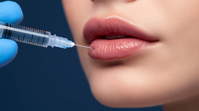 Lip augmentation with dermal fillers: A gloved hand holds a syringe injecting the upper lip for enhanced volume & definition. Precise technique for cosmetic enhancement.