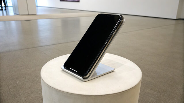 A sleek smartphone rests on a simple metal stand in a spacious art gallery. The minimalist design complements the modern artwork in the background, highlighting technology in an artistic environment
