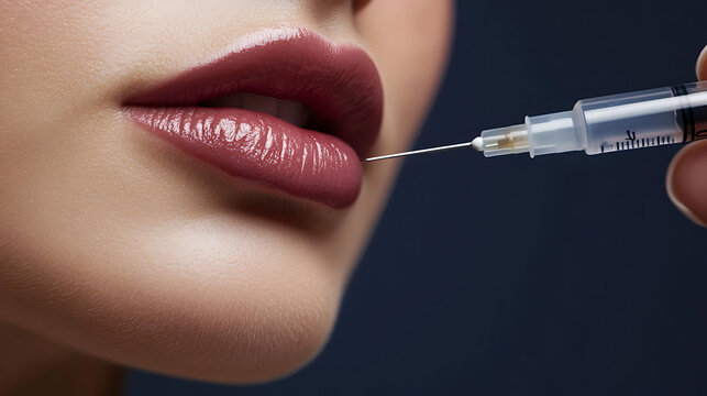 Lip augmentation procedure to enhance volume and shape. Close-up shot of a needle near full lips, ready for a cosmetic injection. Enhancing natural beauty subtly and safely.