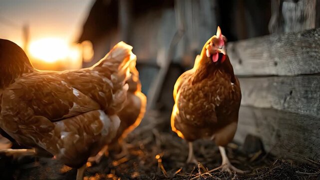 Golden Hour Sunset Chickens On Rustic Farmyard Path