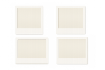 Blank instant photo frames set, white paper borders, square and horizontal formats, retro style, transparent background