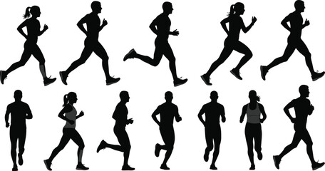 Running silhouette set, black vector athletes, male and female joggers, sprinting and jogging poses, fitness motion icons, sports illustration, active lifestyle design