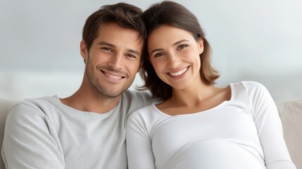 The loving couple relaxes on their couch, sharing smiles and warmth. The pregnant woman gently cradles her belly, filled with joy for their upcoming journey into parenthood