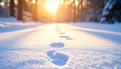 雪に残された足跡、冬の森の静けさ
