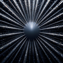 Abstract 3D tunnel with metallic beams converging toward a bright center, creating a sense of speed, depth, and motion in a futuristic sci-fi environment.