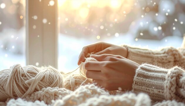 雪の日の窓辺で編み物にふける静かな時間
