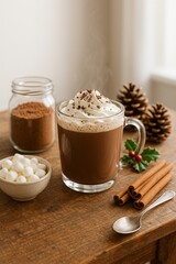 Homemade Hot Chocolate on Wooden Table with Pinecones and Holly 