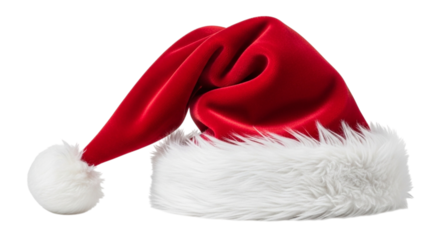 Closeup of a single luxurious red santa hat with fluffy white trim and a pompom, isolated on transparent background