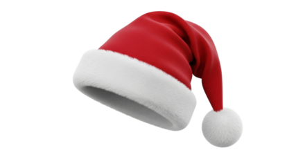 A single red santa hat with a white fluffy trim and pompom, tilted slightly, isolated on transparent background