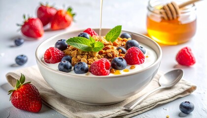 ベリーと蜂蜜が彩るヨーグルトボウルの爽やかな朝食風景
