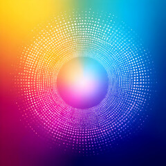Vibrant abstract background featuring a circular halftone pattern with a smooth gradient of rainbow colors, symbolizing energy, creativity, and digital motion in modern design.