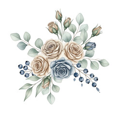 Fototapeta premium Floral arrangement of roses and eucalyptus leaves isolated on transparent background