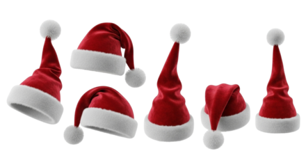 Collection of six red santa hats with white fur trim and pompoms, isolated on transparent background