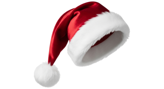 A single red santa hat with white fur trim and pompom, isolated on transparent background