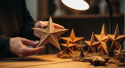 Crafting Wooden Stars: A skilled artisan meticulously crafts wooden stars, showcasing intricate detail and warm tones. The scene is bathed in focused light.