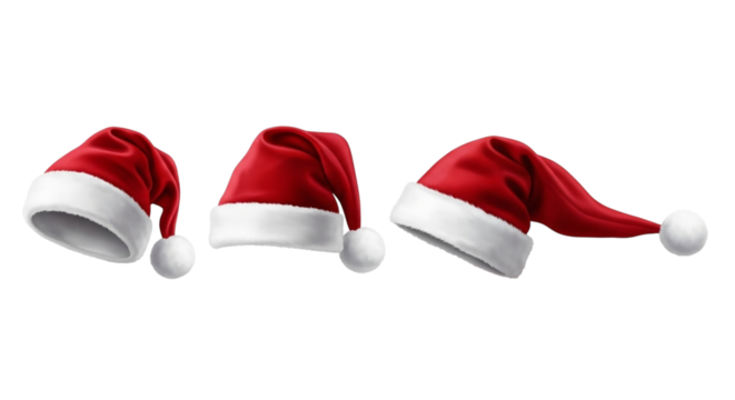 Three realistic santa hats with white trim and pompoms, angled and floating, isolated on transparent background