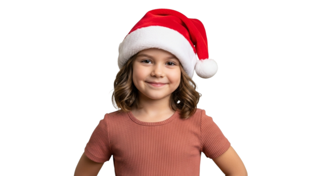 Portrait of a smiling young girl wearing a red santa hat, isolated on transparent background