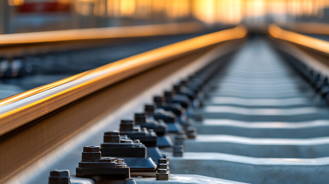 A close-up captures the parallel railway tracks, gleaming in the soft sunlight. The repetitive pattern of sleepers and fasteners creates a sense of linear perspective.