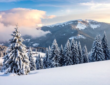 A snow-covered landscape reveals a serene winter scene with frosted evergreen trees and distant mountain peaks. The sky is a blend of blue and pink - Powered by Adobe