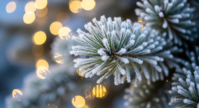 Enchanting frosted pine branch adorned with delicate ice crystals and bokeh lights creating a winter wonderland on transparent background - Powered by Adobe
