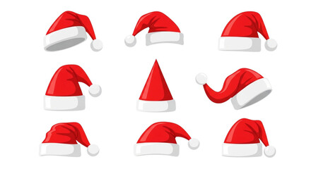 Collection of nine red santa hats with white trim and pompoms, displayed in a grid on a transparent background, isolated on transparent background