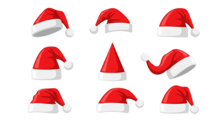 Collection of nine red santa hats with white trim and pompoms, displayed in a grid on a transparent background, isolated on transparent background