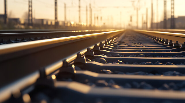 A close up of railway tracks disappearing into the sunset, golden hour light on the metallic rails, emphasizing perspective. Transportation and industry converge.