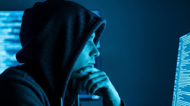Hacker or Programmer in Hood Coding at Night with Blue Illuminated Monitor Screen