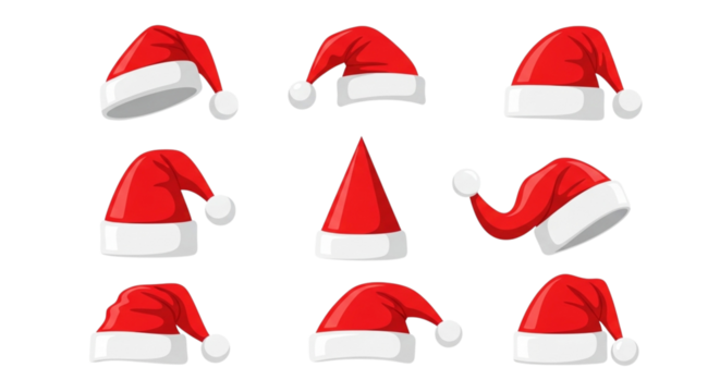 Collection of nine red santa hats with white trim and pompoms, displayed in a grid on a transparent background, isolated on transparent background