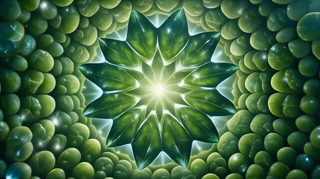 A luminous, symmetrical green crystal formation at the heart of a cellular field, symbolizing chromosomal alignment during metaphase