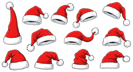 Collection of various red santa hats with white trim and pompoms, isolated on transparent background