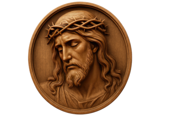 Wood carved relief of Jesus with crown of thorns, detailed Christian sculpture art symbolizing faith, devotion and sacrifice isolated on white background