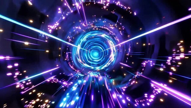 Dynamic Journey Through a Futuristic Sci-Fi Tunnel with Glowing Purple and Blue Neon Lights. - Powered by Adobe