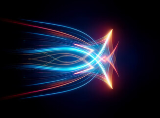 Vibrant blue and orange light streaks converge dynamically against a stark black backdrop, creating a sense of futuristic motion and energy.