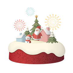 Red velvet bundt cake isolated have 3D miniature model of Winter Wonderland on top with fireworks