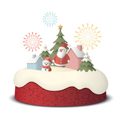 Red velvet bundt cake isolated have 3D miniature model of Winter Wonderland on top